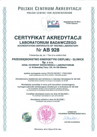 Certyfikat akredytacji dla Laboratorium Badawczego PEC